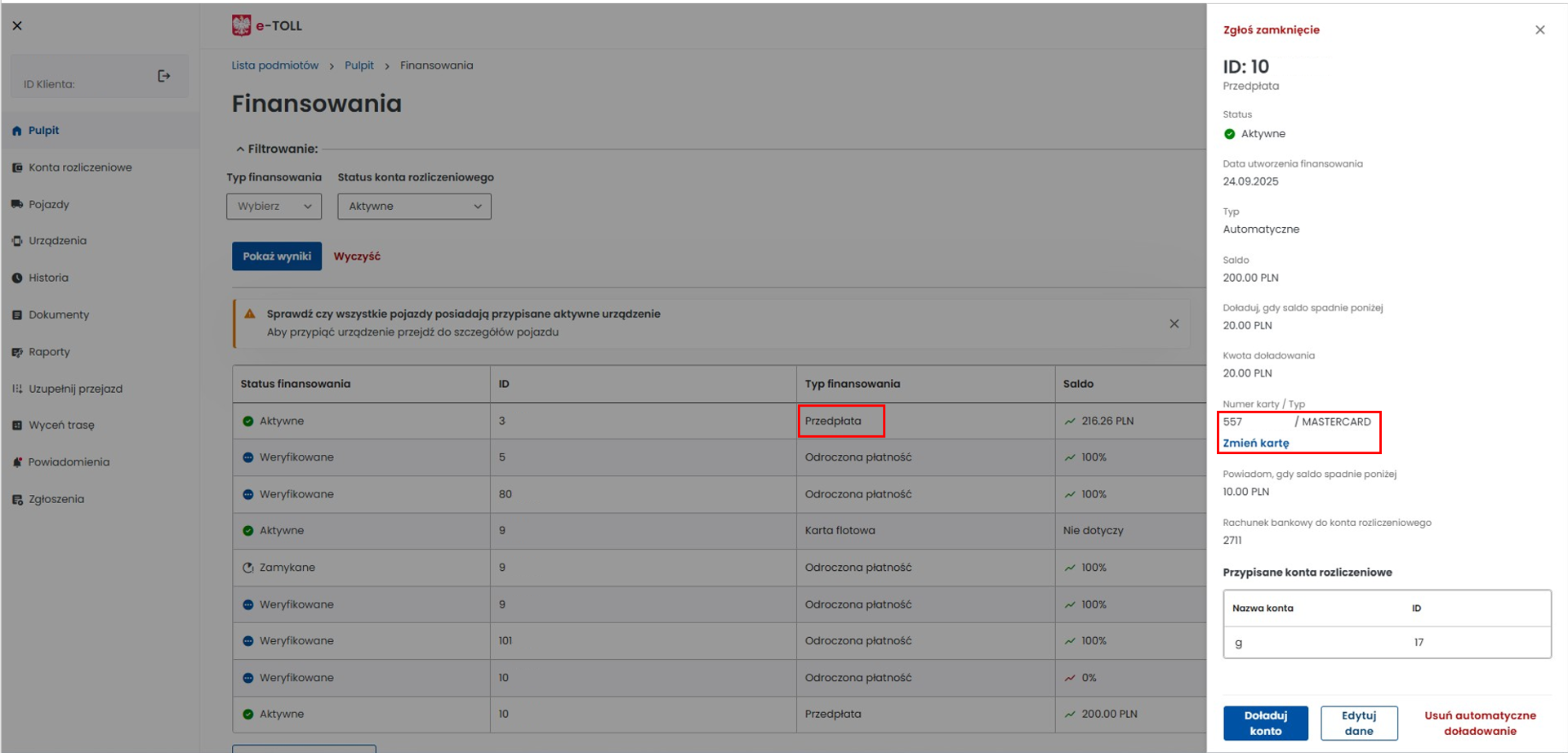 Screen z Internetowego Konta Klienta. Po lewej menu boczne, pośrodku okno wyboru finansowania. W tabeli „Typ finansowania” czerwoną ramką zaznaczono opcję „Przedpłata”. Obok widoczne okno z numerem karty zaznaczonym do edycji.