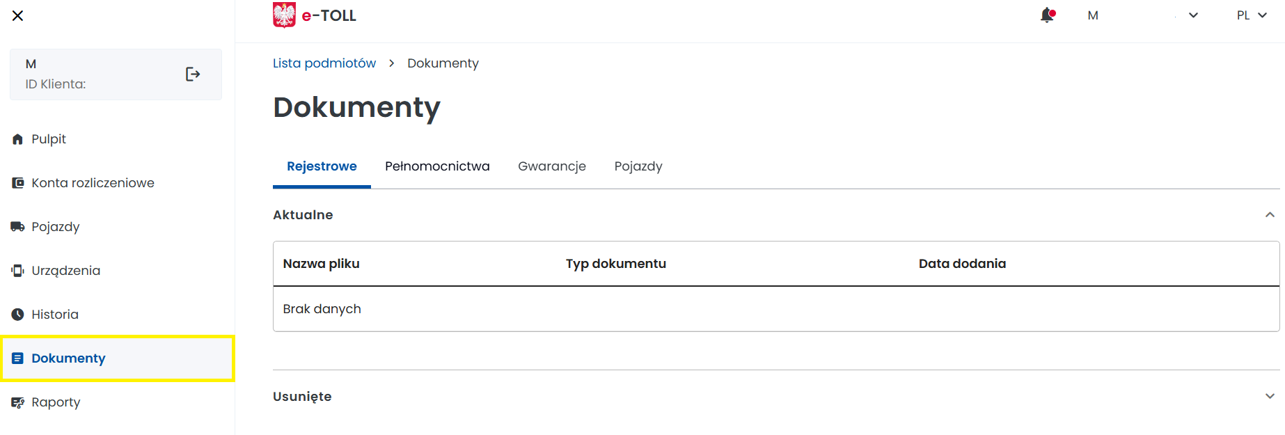 Widok sekcji "Dokumenty" w Internetowym Koncie Klienta. Na górze widoczna jest nawigacja "Lista podmiotów > Dokumenty". W głównej części ekranu widnieje tabela z  nagłówkami "Nazwa pliku", "Typ dokumentu", "Data dodania". Po lewej stronie znajduje się menu nawigacyjne.